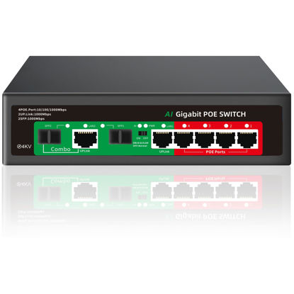 Picture of STEAMEMO 8 Port Gigabit Ethernet Unmanaged PoE Switch, 4 Gigabit PoE+ @65W Built-in Power, 2 Uplink Gigabit Port + 2 SFP Slot, VLAN Mode, 802.3af/at, Desktop/Wall-Mount, Plug & Play