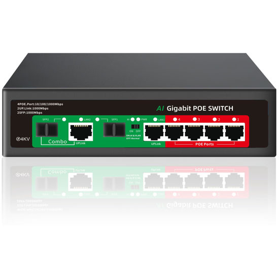 Picture of STEAMEMO 8 Port Gigabit Ethernet Unmanaged PoE Switch, 4 Gigabit PoE+ @65W Built-in Power, 2 Uplink Gigabit Port + 2 SFP Slot, VLAN Mode, 802.3af/at, Desktop/Wall-Mount, Plug & Play