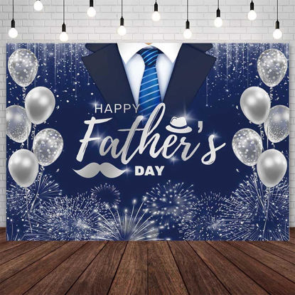 Picture of AIBIIN 7x5ft Happy Fathers Day Backdrop Blue Silver Boho Glitter Photography Background Balloons Shirt Tie Hat I Love You Dad Father's Day Party Decoration Supplies Banner Photo Booth Studio
