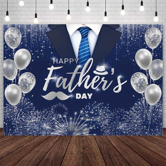 Picture of AIBIIN 7x5ft Happy Fathers Day Backdrop Blue Silver Boho Glitter Photography Background Balloons Shirt Tie Hat I Love You Dad Father's Day Party Decoration Supplies Banner Photo Booth Studio