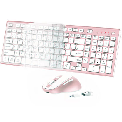 Picture of Wireless Keyboard Mouse Combo, USB Type C Rechargeable Slim Silent Keyboard Mouse, Compact Full-Size Keyboard with Number Pad and Cover for Windows, macOS, PC/Computer/Laptop - Rose Gold