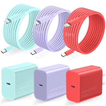 Picture of VANOVEI Phone Charger 3 Packs 20W Fast Charger for Charging,USB- C Wall Charger Blocks with 10ft for Liightning Cable Compatible with Phone 14/13/12/11Pro/Plus/Mini/Xs Max/XR/X/Pad- Green/Red/Purple