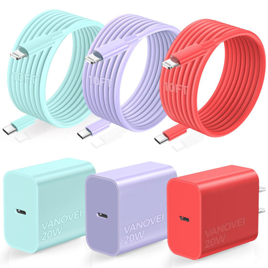 Picture of VANOVEI Phone Charger 3 Packs 20W Fast Charger for Charging,USB- C Wall Charger Blocks with 10ft for Liightning Cable Compatible with Phone 14/13/12/11Pro/Plus/Mini/Xs Max/XR/X/Pad- Green/Red/Purple
