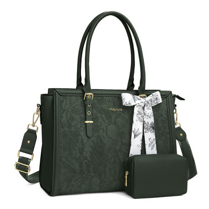 Picture of MOSISO Laptop Tote Bag for Women, 15.6-16 inch PU Leather Compatible with MacBook, HP, Dell, Asus Notebook, Front Embossed Retro Hibiscus Computer Bag with Silk Scarf & Clutch Purse, Emerald Green