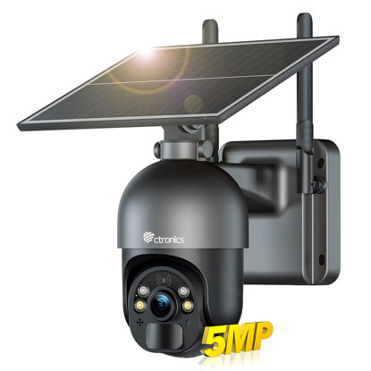 Picture of Ctronics 5MP Solar Security Camera Outdoor Wireless, 6W Solar Panel, Sound-Light Alarm, PC/Phone Remote Control, Color Night Vision, PIR Human Detection, 128 TF/Cloud/FTP Storage