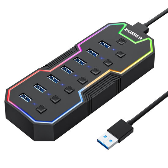 Picture of ZIUMIER USB 3.0 Hub,7 Ports USB Expander with RGB LED Strip for MacBook, Mac Pro, Mac Mini, iMac, Surface Pro, XPS, PC, Flash Drive, Mobile HDD