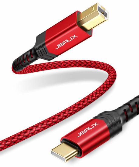 Picture of JSAUX USB B to USB C Printer Cable 10ft, Nylon Braided, USB C MIDI Cable Compatible for MacBook Pro, HP, Epson, Canon, Brother, Lexmark, Xerox Printers and Scanner-Red
