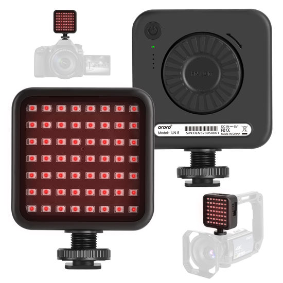 Picture of Ordro LN-5 Mini IR Night Vision Light Infrared Photography Light for Video Camera Camcorder Built-in Rechargeable Battery with 3 Cold Shoe Mount for Vlog YouTube Video Recording