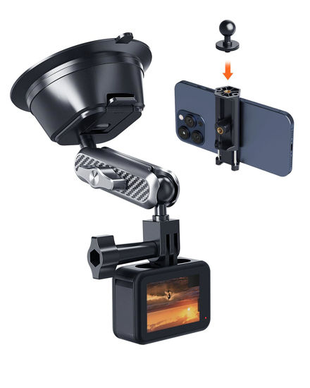 Picture of A2C Suction Cup Mount for Gopro iPhone, Anti-Shake Metal Arm Car Camera Mount with 1/4 Thread & Phone Holder, Car Boat Windshield Window VLOG/Video Holder for Gopro Hero Insta360 DJI Action Camera