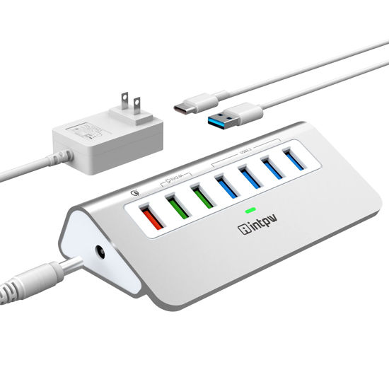 Picture of Powered USB 3.2 Hub 10Gbps,7 Port USB Data Hub USB Splitter with 4 USB 3.2 Gen2 Data Ports,3 Fast Charging Ports,30W Power Adapter,Type A & C Cable, Aluminum Powered USB C Hub for Computer,PC,Laptop