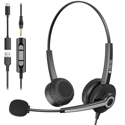 Picture of Voistek USB Headset for PC Laptop,3.5 mm/USB/USB-C Wired Computer Headphones with Noise Cancelling Microphone for Business Offices Call Center