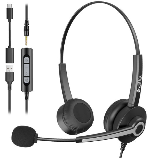 Picture of Voistek USB Headset for PC Laptop,3.5 mm/USB/USB-C Wired Computer Headphones with Noise Cancelling Microphone for Business Offices Call Center
