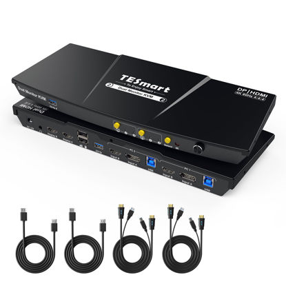 Picture of TESmart USB 3.0 DisplayPort + HDMI KVM Switch 2 Monitors 2 Computers 4K@60Hz, Dual Monitor KVM Switch 2 Port Extended Display, EDID Emulators, Headset, Hotkey Switch, Button Switch with All Cables