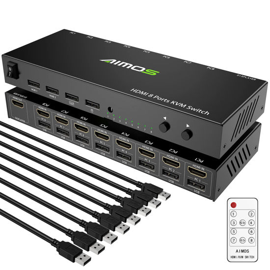 Picture of HDMI KVM Switch, 8 in 1 Out USB 2.0 HDMI KVM Switcher Box Support 4K@30Hz for 8 PC Share Keyboard and Mouse, Compatible with Windows/Linux/Mac System etc