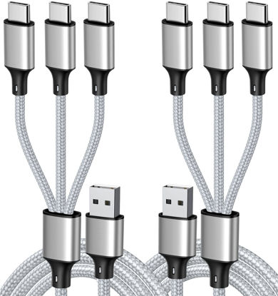 Picture of Puxnoin Multi Charging Cable, USB C Splitter Cable, 3 in 1 Fast Charging Cord with 3 Type-C Male Port Compatible with Cell Phones Tablets and More - 2Pack 4FT Silver