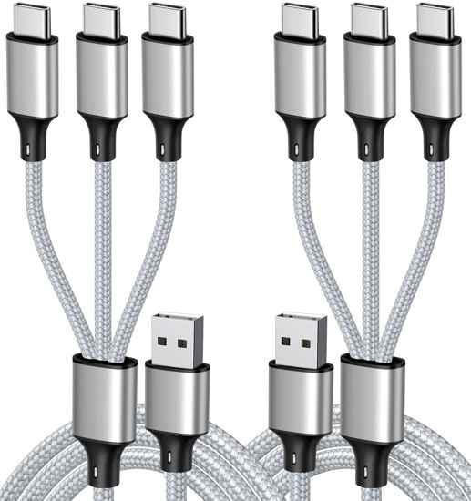Picture of Puxnoin Multi Charging Cable, USB C Splitter Cable, 3 in 1 Fast Charging Cord with 3 Type-C Male Port Compatible with Cell Phones Tablets and More - 2Pack 4FT Silver