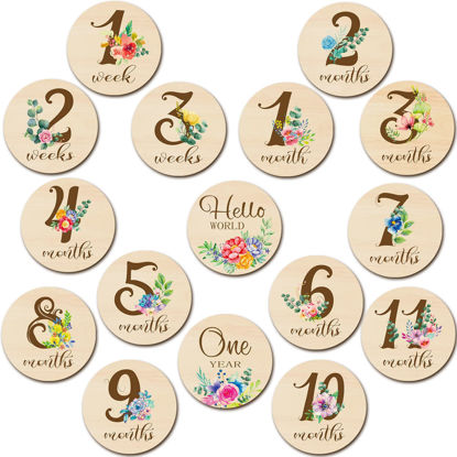 Picture of 16 Pieces Wooden Baby Monthly Milestone Cards Baby Monthly Milestone Marker Discs Double Sided Monthly Milestone Wooden Circles Baby Months Signs for Baby Shower Newborn Photo Props(Fresh Flowers)