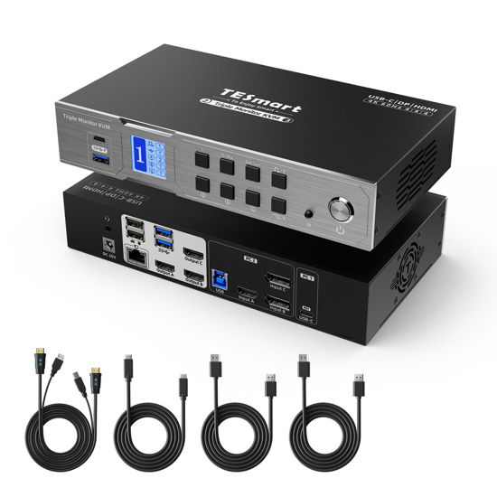 Picture of TESmart USB-C MST&EDID KVM Switch 3 Monitors 2 Computers HDMI+DisplayPort, 4K@60Hz KVM Switch Triple Monitor Dock for Laptop&Desktop, USB 3.0, Charging for Laptop, 1G Ethernet, Hotkey Switch