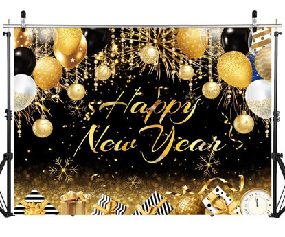 Picture of DHXXSC 7X5FT 2025 Happy New Year Backdrop Black and Gold Decorations New Year Eve Party Decorations Fireworks Bokeh Photography Background Photo Studio Props DH-957