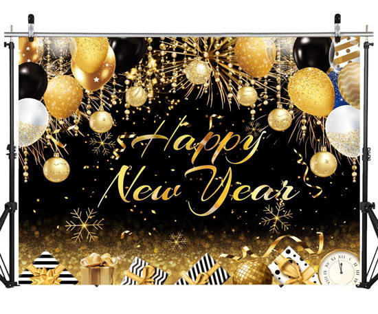 Picture of DHXXSC 7X5FT 2025 Happy New Year Backdrop Black and Gold Decorations New Year Eve Party Decorations Fireworks Bokeh Photography Background Photo Studio Props DH-957