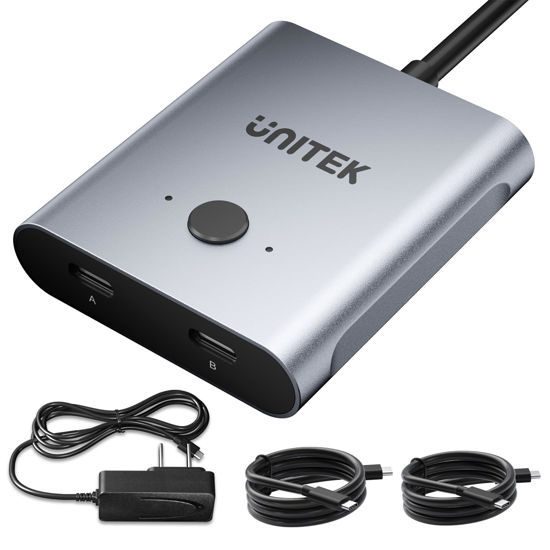 Picture of Unitek Bi-Directional USB C Switcher 1 in 2 Out 2 in 1 Out USB Switch Selector 2 Computers Share 1 Device USB KVM Switch 10Gbps Data Transfer 8K@60Hz Video USB-C Power Adapter Included Silver