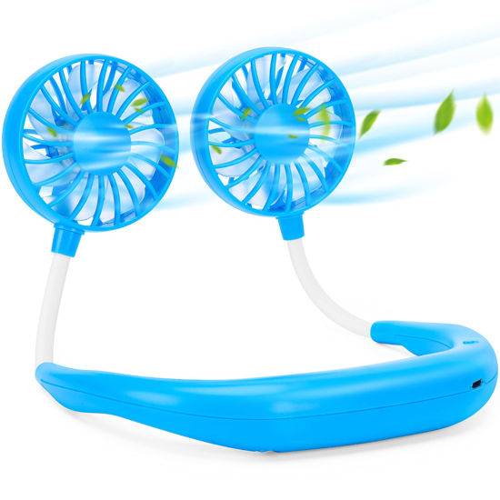 Picture of Portable Neck Fan Rechargeable Personal Hand-Free Fan Mini USB Wearable Neckband Sport Fan, 3 Speed Adjustable, 360 Degrees Free Rotation Perfect for Working, Traveling, Office, Reading (Blue)