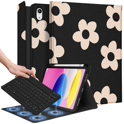 Picture of Wazzasoft for iPad 10th Generation Case with Keyboard Pencil Holder 10.9 Inch Folio Tablet Cover Women Girls Cute Girly Teens Kawaii Black Flower Unique Design for Apple Funda for iPad 10th gen