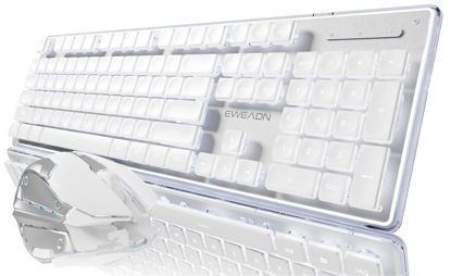 Picture of EWEADN V3 Wireless Keyboard and Mouse with Single Backlit, Metal Panel, Bluetooth/2.4G Rechargeable Computer Keyboard and Mouse Combo Silent Light up Full Size Cute Keyboard-White
