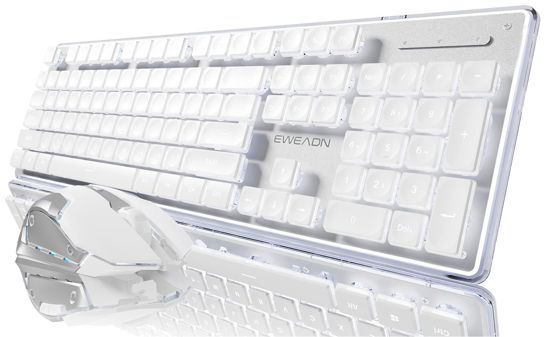 Picture of EWEADN V3 Wireless Keyboard and Mouse with Single Backlit, Metal Panel, Bluetooth/2.4G Rechargeable Computer Keyboard and Mouse Combo Silent Light up Full Size Cute Keyboard-White