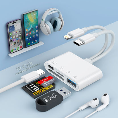 Picture of SD/TF Card Reader for iPhone/iPad,Multi 6-in-1 Lightning/USB C to SD+TF+USB A+Type C(Headphone/Charge/Data) OTG Memory Card Adapter for iPhone 15 14/iPad/Samsung/Mac/Laptop/Camera Viewer/Flash Drive