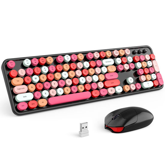 Picture of KNOWSQT Wireless Keyboard and Mouse Combo, Black Colorful Retro 2.4GHz Typewriter Keyboard with Cute Round Keycaps, DPI Adjustable Optical Wireless Mouse Compatible with PC Laptop