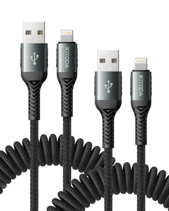 Picture of Coiled iPhone Charger 3FT 2Pack, Braided USB to Lightning Cable for Car [Apple MFi Certified] Fast Charging Cord Compatible with iPhone 14 Pro/Pro Max/Plus 13 12 11 8 7 6s 6 SE XS XR X, iPad AirPods