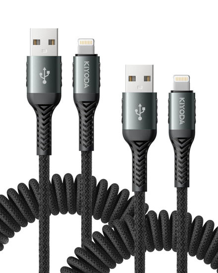 Picture of Coiled iPhone Charger 3FT 2Pack, Braided USB to Lightning Cable for Car [Apple MFi Certified] Fast Charging Cord Compatible with iPhone 14 Pro/Pro Max/Plus 13 12 11 8 7 6s 6 SE XS XR X, iPad AirPods