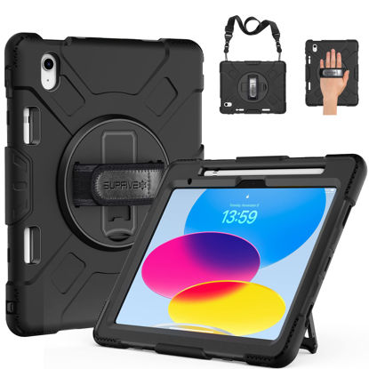 Picture of SUPFIVES Case for iPad 10th Generation 2022, Upgraded Military Grade Heavy Duty Silicone Protector iPad 10th Gen 10.9 inch 2022 Cover Pencil Holder+ Rotating Stand+ Handle+ Shoulder Strap(Black)