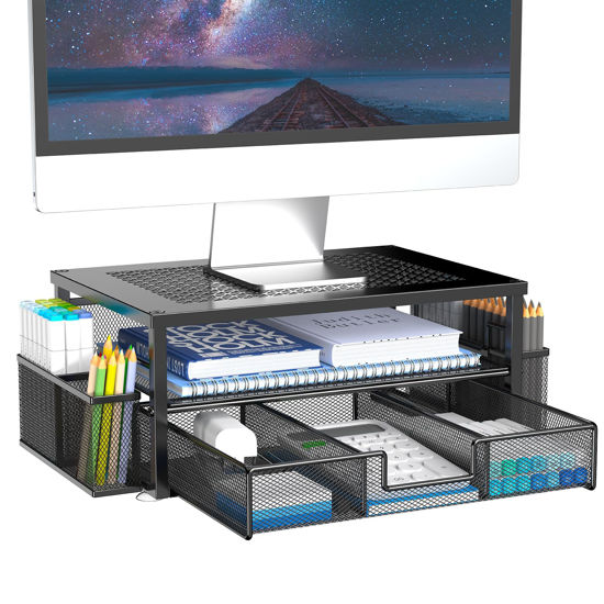 Picture of MINDEPOT 2 Tier Computer Monitor Stands with Drawer and 2 Pencil Holder, Metal Monitor Stand, Office Desk Accessories Workspace Desktop Organizers for Office Supplies, Black
