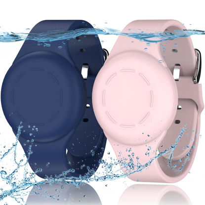 Picture of R-fun Waterproof Air Tag Bracelets for Kids [2 Pack] Compatible with Apple Air Tag Finders with Soft Silicone,Anti Lost GPS Item Finders Case Cover for Kids,Night Blue/Pink