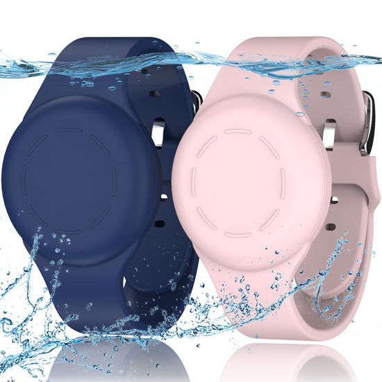 Picture of R-fun Waterproof Air Tag Bracelets for Kids [2 Pack] Compatible with Apple Air Tag Finders with Soft Silicone,Anti Lost GPS Item Finders Case Cover for Kids,Night Blue/Pink