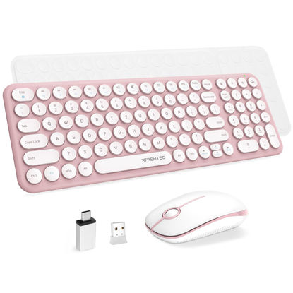 Picture of Wireless Keyboard and Mouse Combo, XTREMTEC Cute Compact Keyboard Pink Retro Round Keycap, Ultra Thin Quiet 2.4GHz Retro Kawaii Keyboard for Mac/PC/Laptop (Sakura Pink)
