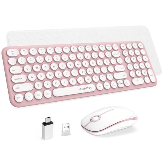 Picture of Wireless Keyboard and Mouse Combo, XTREMTEC Cute Compact Keyboard Pink Retro Round Keycap, Ultra Thin Quiet 2.4GHz Retro Kawaii Keyboard for Mac/PC/Laptop (Sakura Pink)