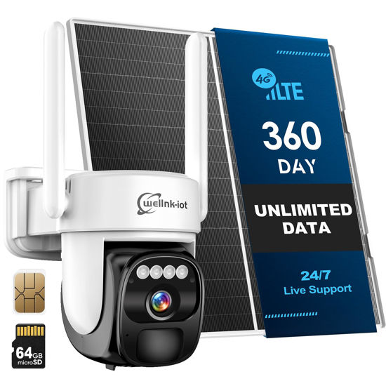 Picture of wellnk-iot 4G LTE Cellular Security Camera with 360-Day Unlimited Data, Non-WiFi U.S. Local SIM&Micro SD Card, Solar Powered, Remote Access, Auto Human Tracking