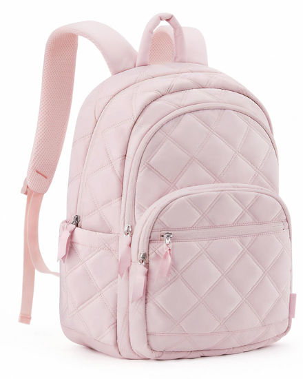 Picture of BAGSMAT Travel Laptop Backpack, Fluffy College Backpack for Women, Quilted Small Computer Bookbag, Water Resistant 15.6 Inch Laptop Cute Casual Bag Backpack, Pink
