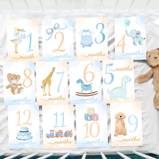 Picture of Milestone Cards Baby Monthly Milestone Cards Baby Gift New Mom Baby Shower Baby's Milestone Month Cards Boy Girl Monthly Photos Pictures (Boy)