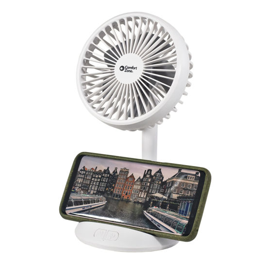 Picture of Comfort Zone CZPF401WT 4” Rechargeable Fan with Wireless Charger - USB Chargeable Lithium Battery, Adjustable Tilt - Powerful & Portable, Cooling & Charging, White