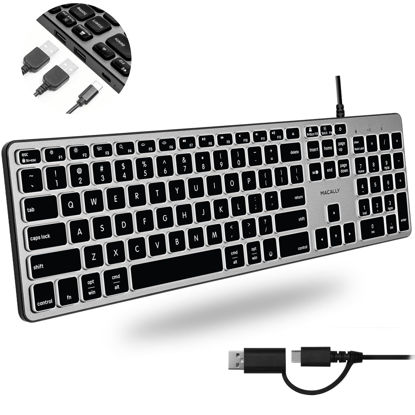 Picture of Macally Wired Keyboard for Mac with USB Hub (2X USB-A / 1x USB-C) - Compatible Backlit Apple Keyboard with Dual Interface - Auto OS Detection for Mac, MacBook Pro/Air, iMac, PC, Android, iPad, iOS