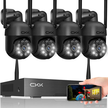 Picture of Wireless Security Camera System, 4pcs 3MP PTZ Cameras Outdoor Indoor, CKK WiFi Surveillance NVR System with Floodlights & Siren Alarm, 2 Way Audio, 24/7 Record, Expandable 10CH, No HDD