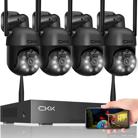 Picture of Wireless Security Camera System, 4pcs 3MP PTZ Cameras Outdoor Indoor, CKK WiFi Surveillance NVR System with Floodlights & Siren Alarm, 2 Way Audio, 24/7 Record, Expandable 10CH, No HDD