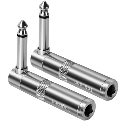 Picture of Togconn 1/4 inch Right Angle Plug TS Adapter 2-Pack, 90 Degree 6.35mm 1/4" TS Male to Female Mono Heavy Duty Metal Connector for Speaker, Guitar, Microphone Cables