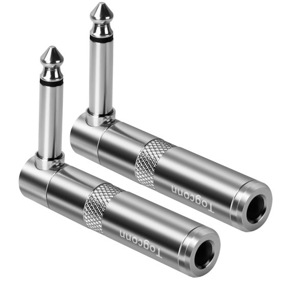 Picture of Togconn 1/4 inch Right Angle Plug TS Adapter 2-Pack, 90 Degree 6.35mm 1/4" TS Male to Female Mono Heavy Duty Metal Connector for Speaker, Guitar, Microphone Cables