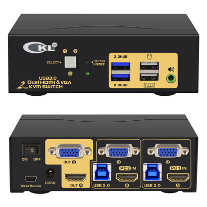 Picture of CKL 2 Port USB 3.0 KVM Switch Dual Monitor HDMI+VGA 4K 60Hz, Keyboard Video Mouse Peripherals Switcher for 2 Computers 2 Monitors with Audio 922HV-3
