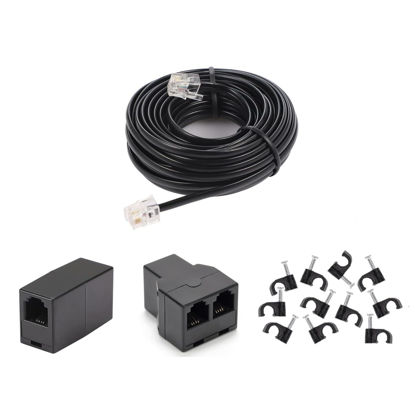 Picture of Long Telephone Extension Cord 20FT, Black, Phone Cable Line Wire with Standard RJ11 Plug, 1 Phone Line Splitter, 1 in-line Coupler and 15 Cable Clip Holders for Telephone Calling Communication